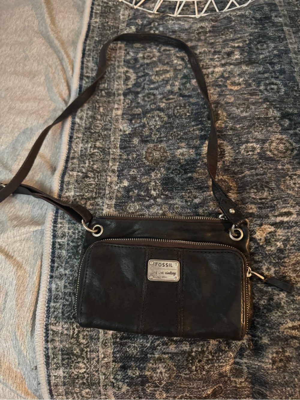 Fossil Black Leather Crossbody Wallet Purse